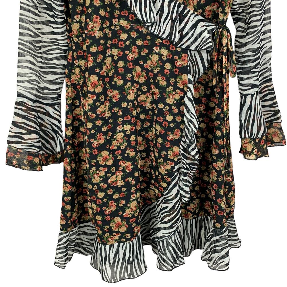 ASOS Design Wrap Mini Dress Zebra Dark Floral Bell Sleeve Ruffle Maternity 4 - Picture 6 of 12